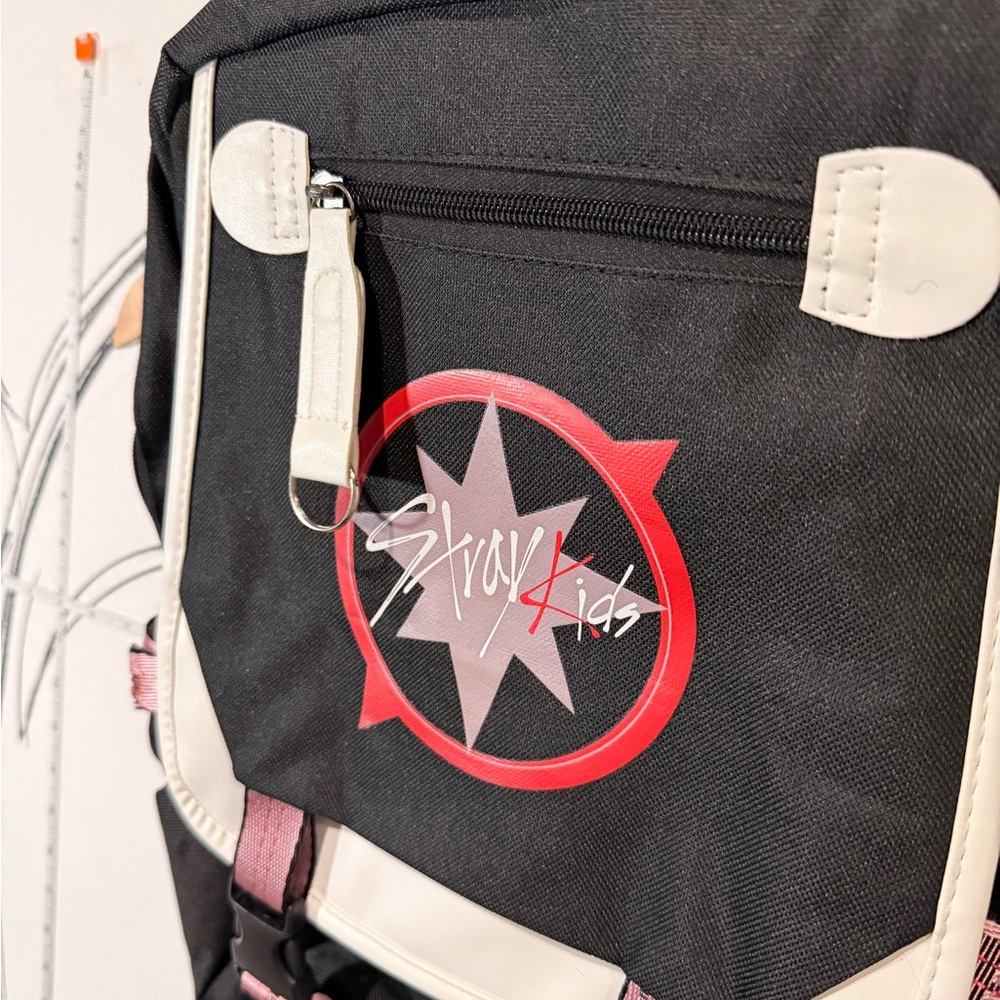 NEW Stray Kids Black & White Backpack with Pink Accents, Charging Access - Picture 2 of 10